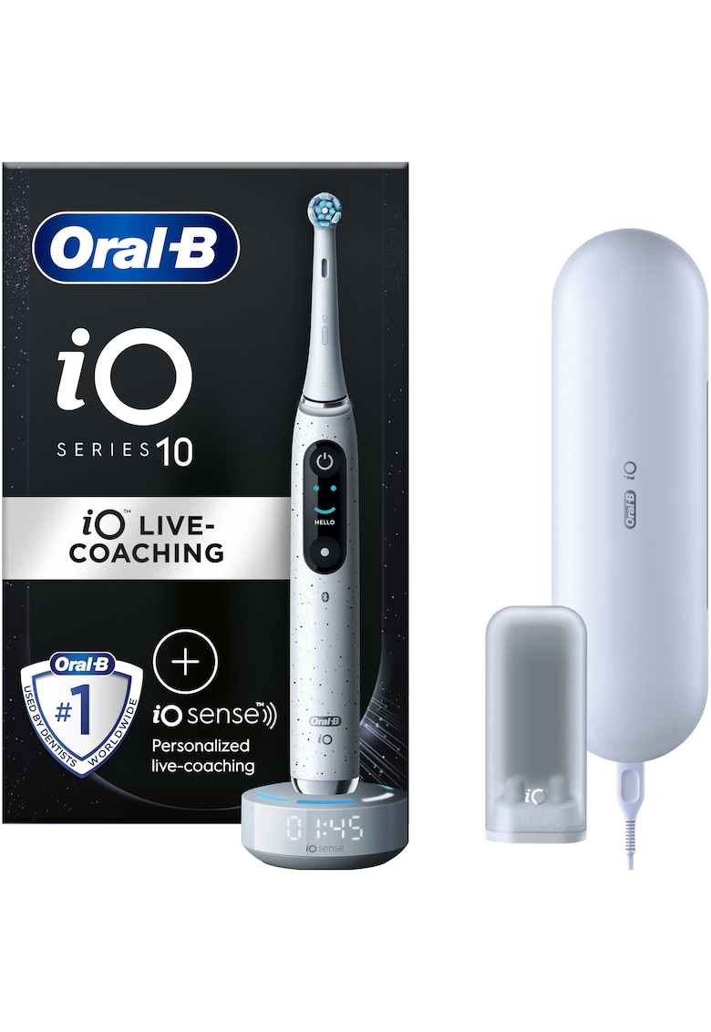 Periuta de dinti electrica iO10 cu incarcator iOSense - Tehnologie Magnetica si Micro-Vibratii - Inteligenta artificiala - Display led - Senzor de presiune Smart - 7 moduri - 1 capat - Suport rezerve - Trusa de calatorie cu incarcator - Alb