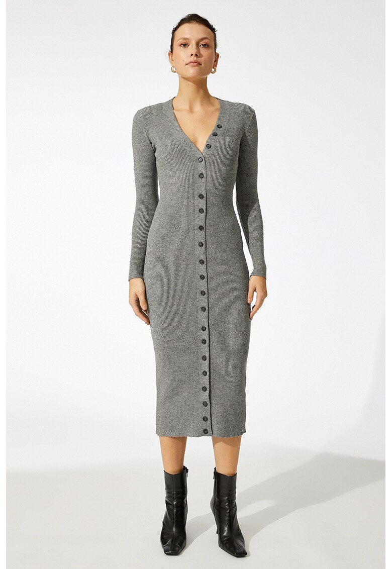 Rochie midi cu decolteu in V si aspect striat