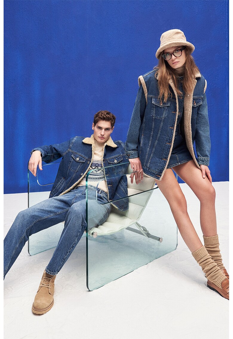 Jacheta din denim cu captuseala de blana shearling sintetica