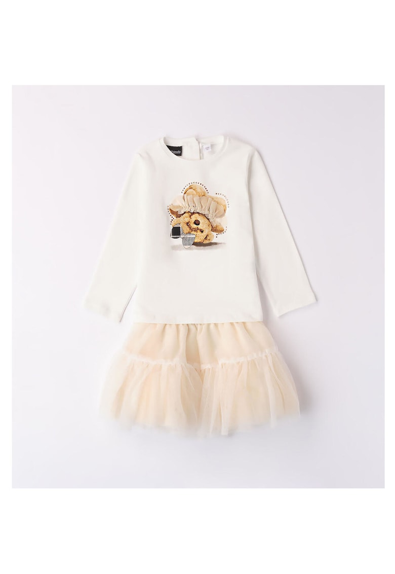 Compleu bluza cu imprimeu ursulet cu strasuri si fusta din tull pentru fete 0.7325 - Bej crem