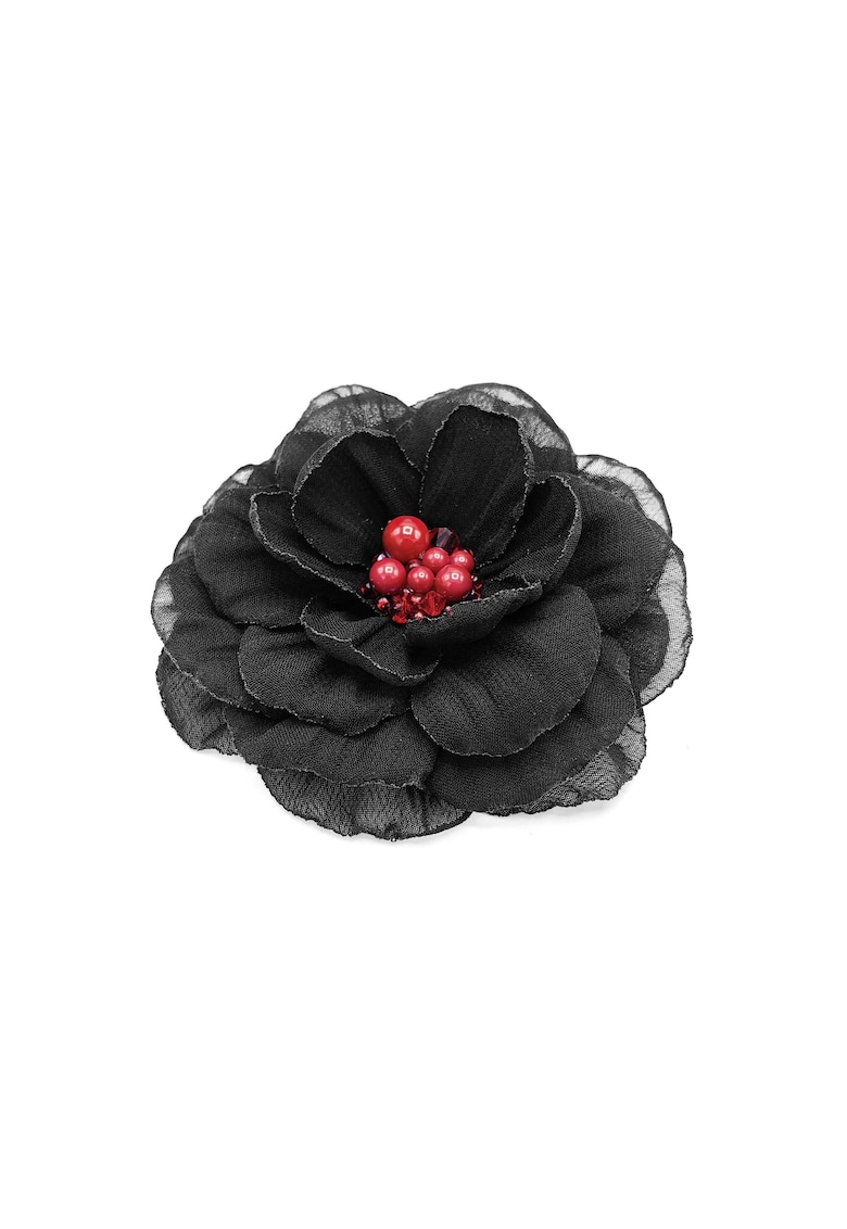 Brosa eleganta floare - Ania - voal negru - 8.5 cm - mijloc rosu cu perle si cristale