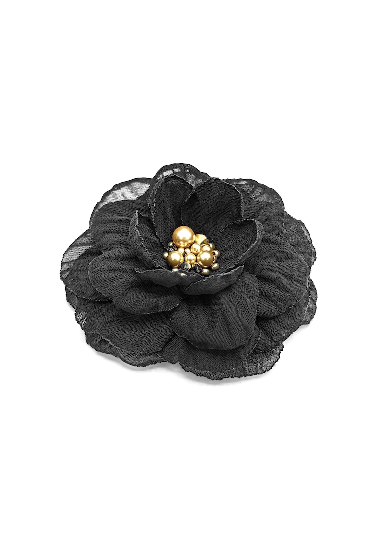 Brosa eleganta floare - Mabel - voal negru - 8.5 cm - mijloc auriu cu perle si cristale