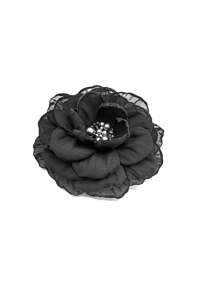 Brosa eleganta floare - Sonia - voal negru - 8.5 cm - mijloc argintiu cu perle si cristale