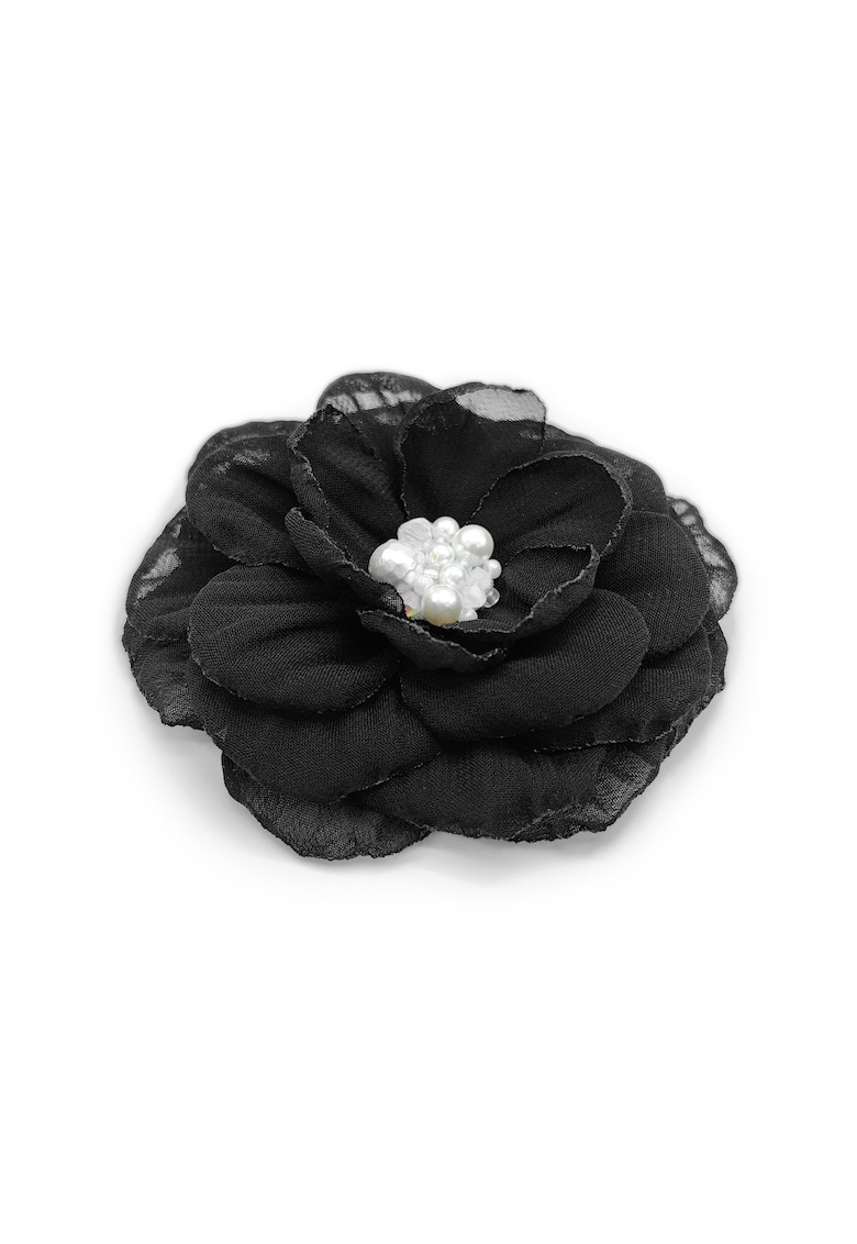 Brosa eleganta floare - Karina - voal negru - 8.5 cm - mijloc alb cu perle si cristale