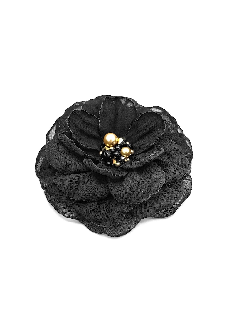 Brosa eleganta floare - Irina - voal negru - 8.5 cm - mijloc negru cu auriu cu perle si cristale