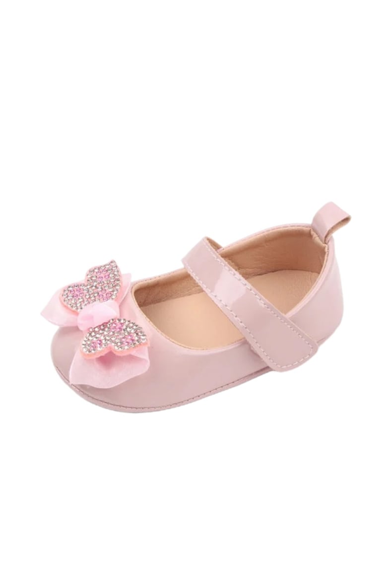Pantofi Cu Fluturas Si Strasuri - Din Lac - Elegant - Fete - Velcro - Roz