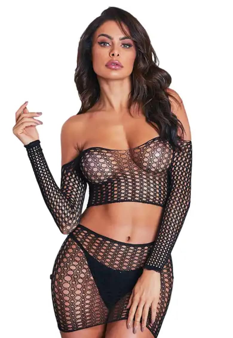 Lenjerie sexy dama - set 2 piese - top cu umeri goi - maneci lungi si fusta scurta - model provocator mulat - tematica felling hot - EFAYN