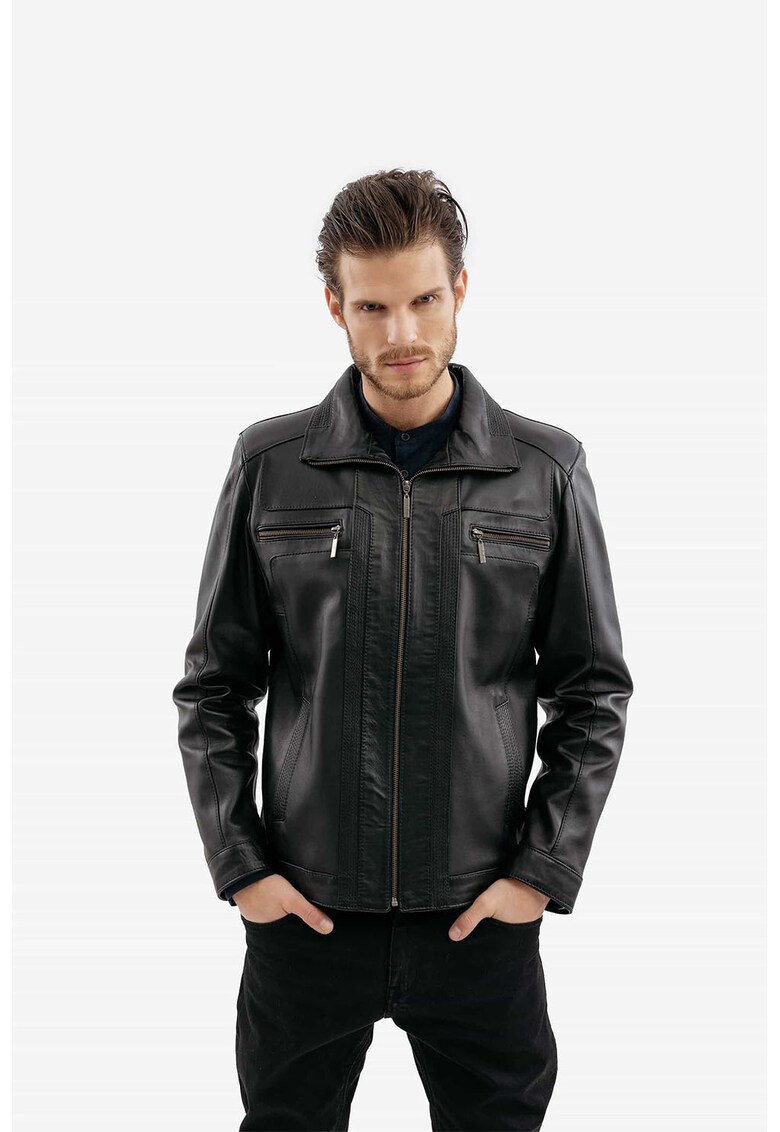 Jacheta de piele cu buzunare cu fermoar pe piept Teo