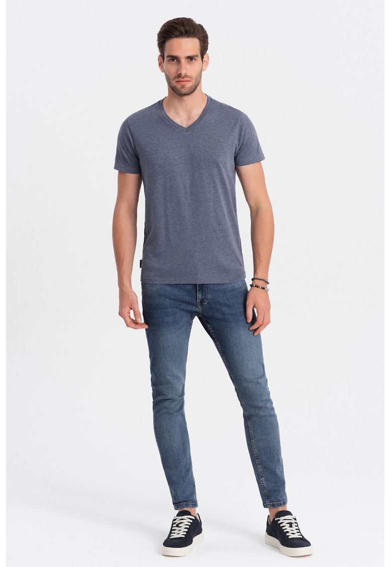 Tricou cu decolteu in V - Albastru melange