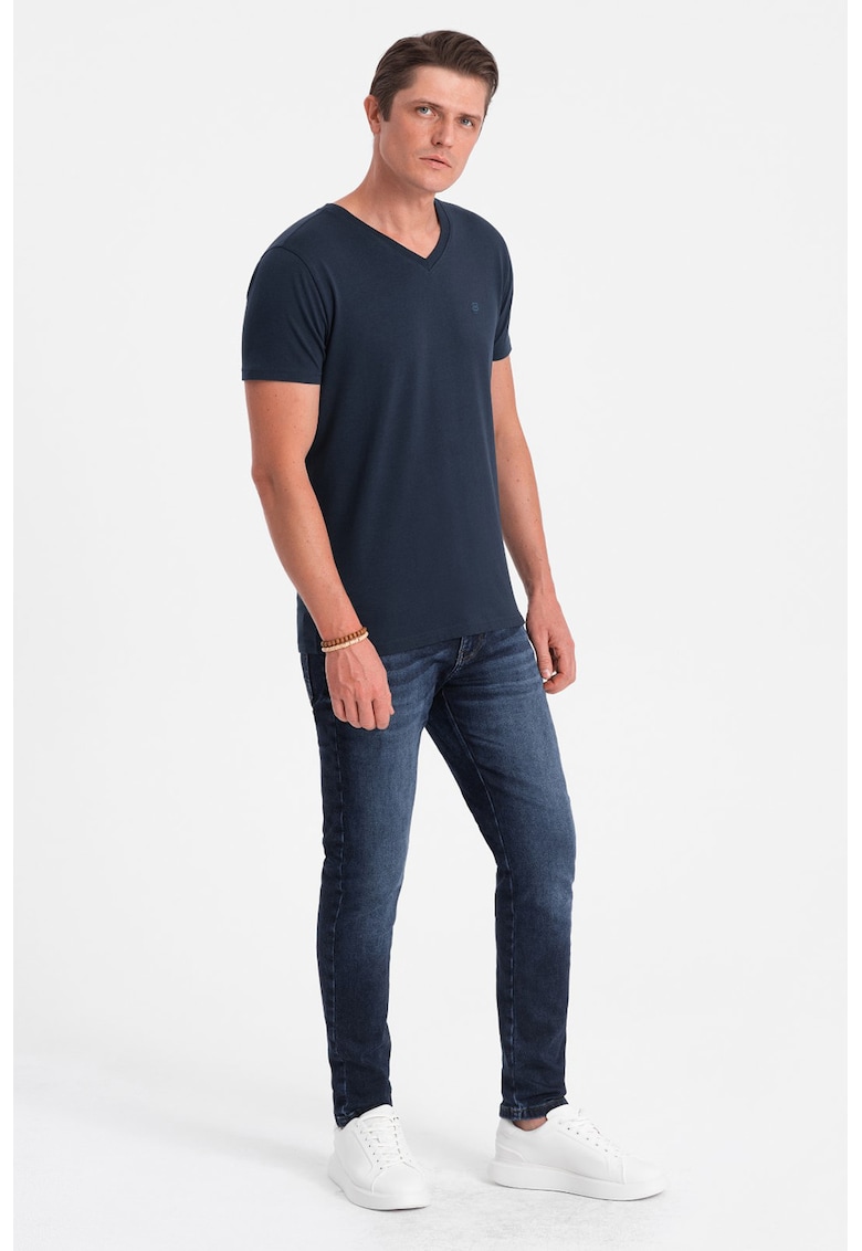 Ombre Tricou din amestec de bumbac cu decolteu in V - Bleumarin