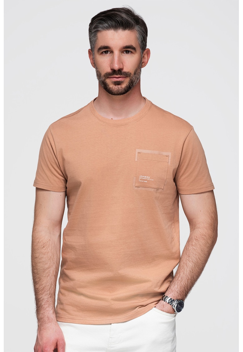 Ombre Tricou cu buzunar pe piept - Maro camel