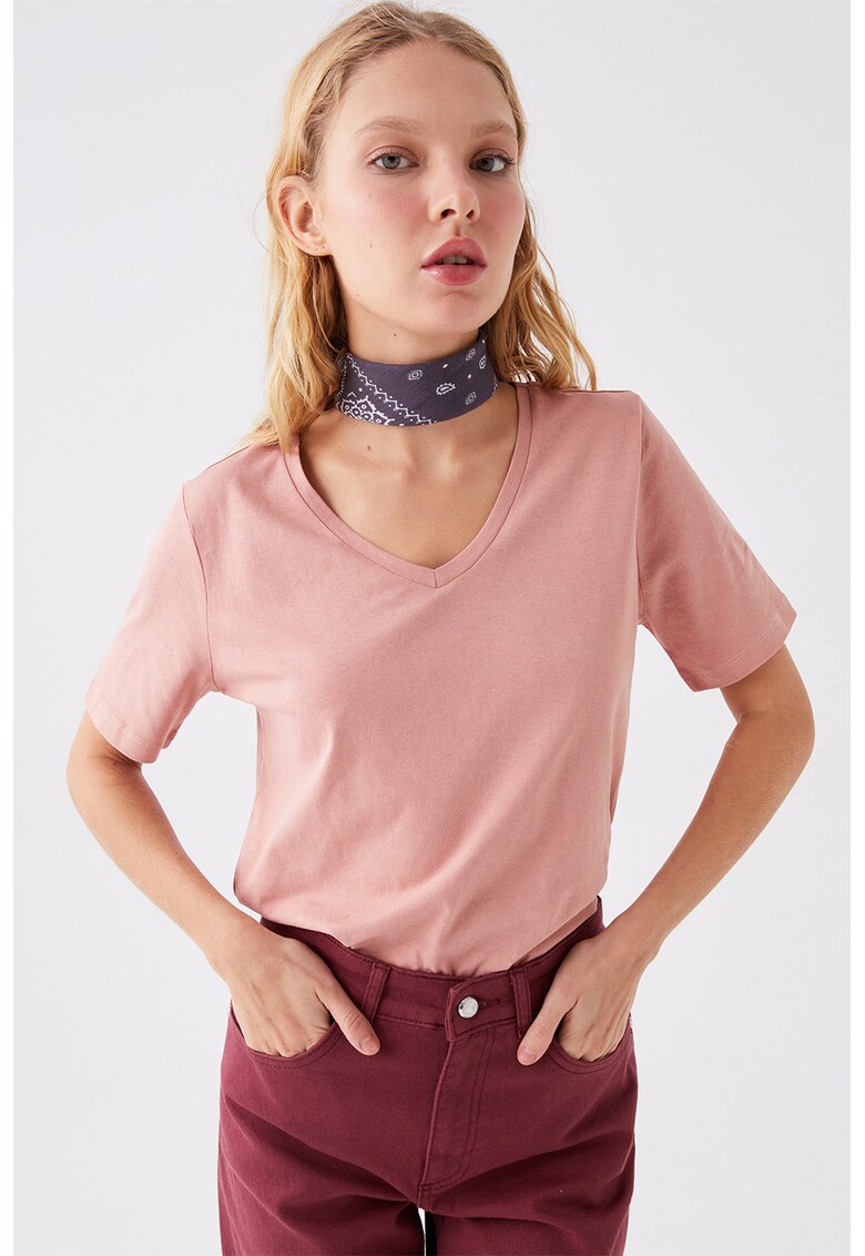 Tricou de bumbac cu decolteu in V