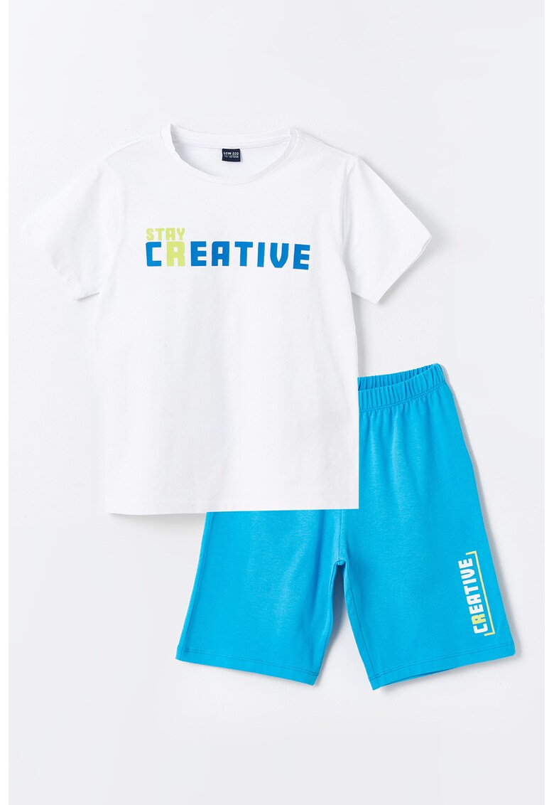 Set de tricou din amestec de bumbac cu model text si pantaloni scurti