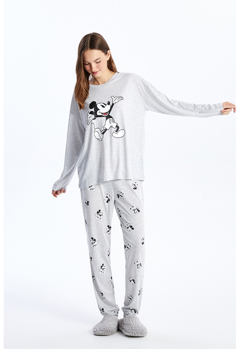 Pijama cu maneci lungi si imprimeu cu Mickey Mouse