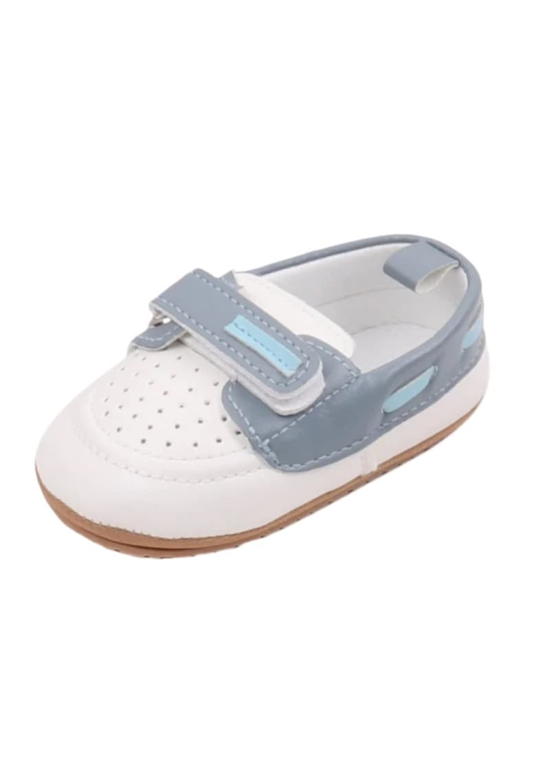 Pantofi Tip Mocasini - Pentru Baietei - Elegant - Piele ecologica - Velcro - Alb - Albastru Deschis