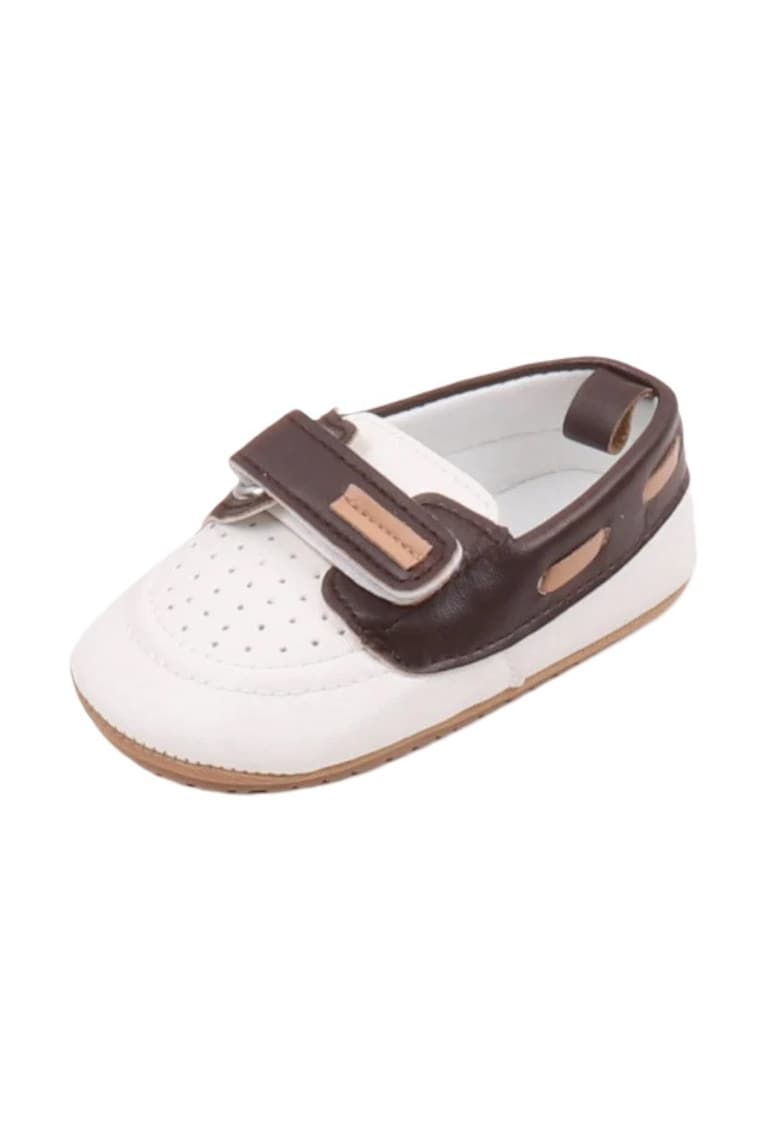 Pantofi Tip Mocasini - Pentru Baietei - Elegant - Piele ecologica - Velcro - Alb - Maro