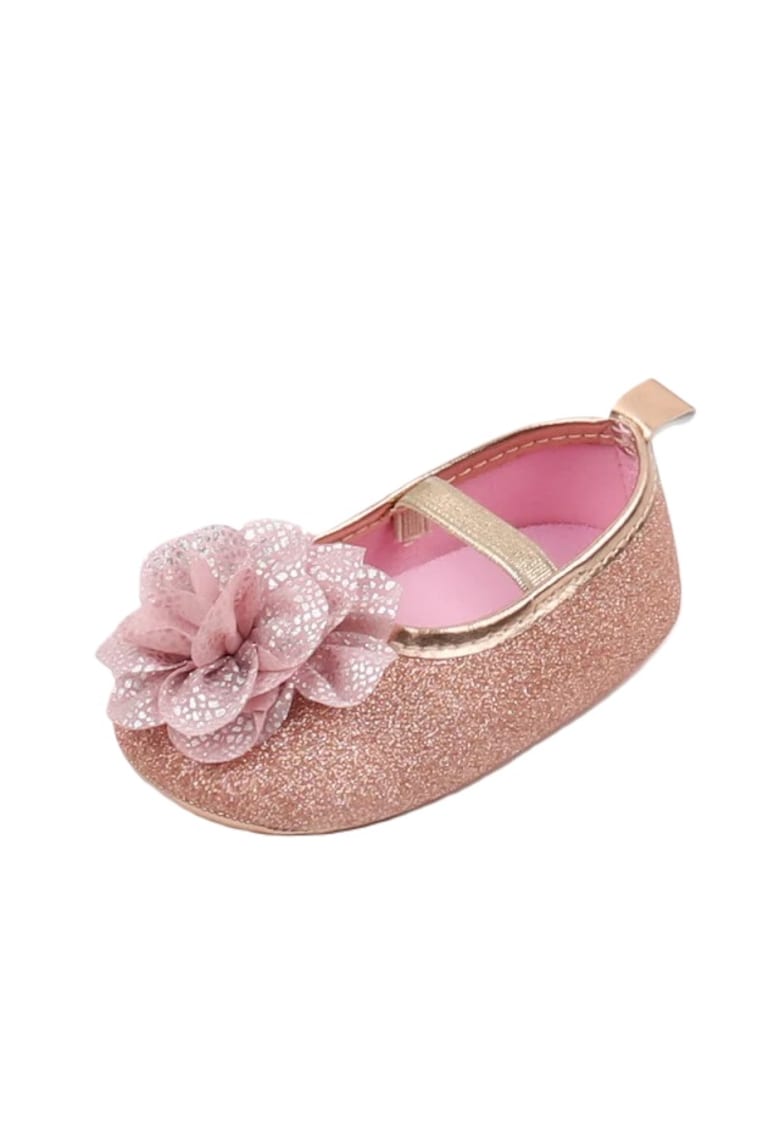 Pantofi Cu Floricica - Elegant - Fete - Fara inchidere - Auriu - Roz Prafuit
