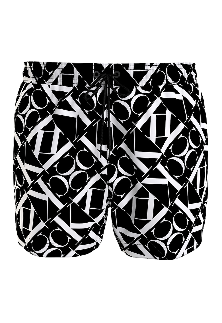 Pantaloni scurti de baie cu logo si snururi de ajustare - Alb/Negru