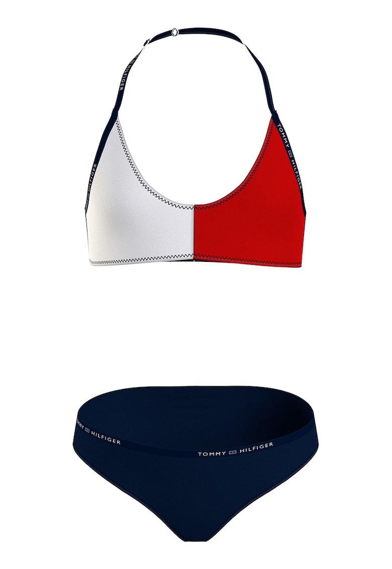 Costum de baie in doua piese cu decolteu halter si model colorblock