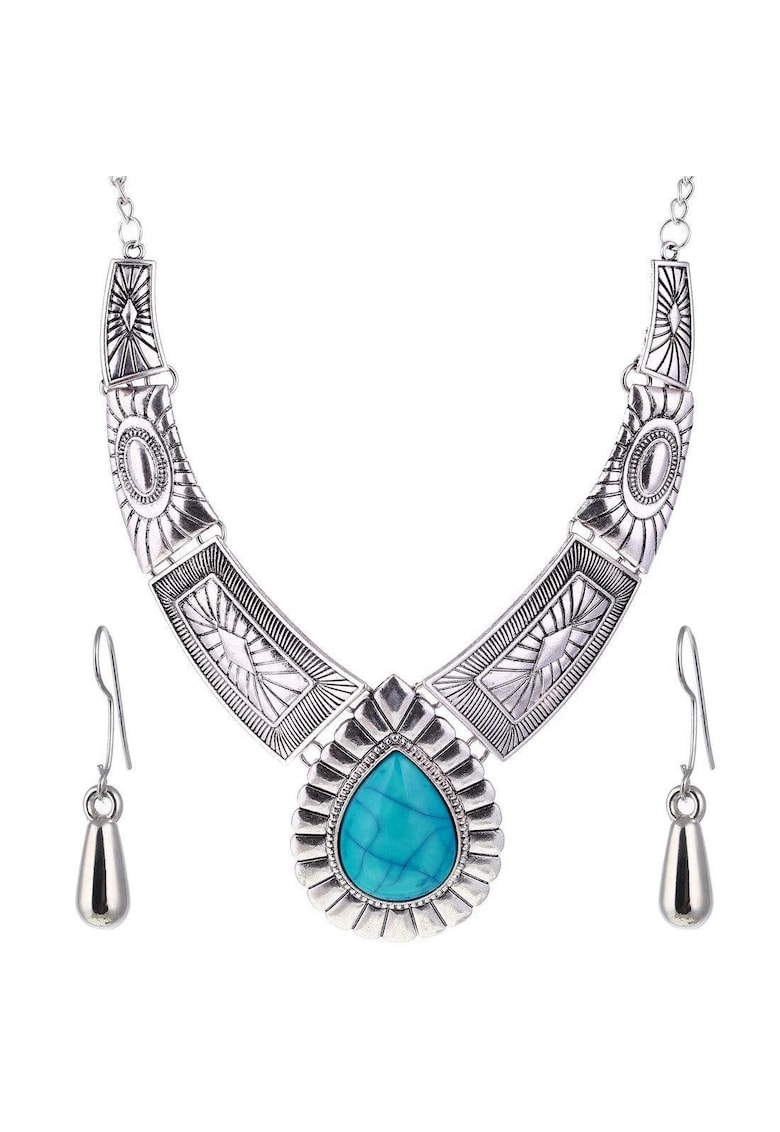 Set colier si cercei - argintiu - stil hippie - boho-chic - cu piatra turquoise - Oleander C1