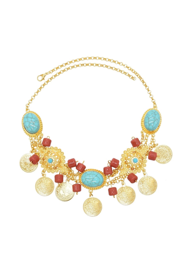 Colier auriu - stil indian - cu pietre turquoise si banuti - Oli C8 Colier auriu - stil indian - cu pietre turquoise si banuti - Oli C8