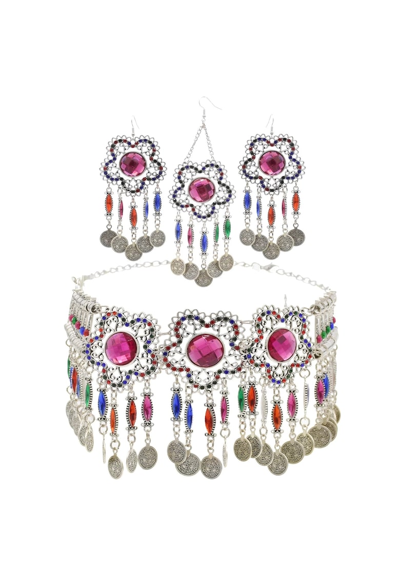 Set colier choker - cercei si accesoriu frunte - argintiu - stil indian - cu banuti si pietre - Olina C13
