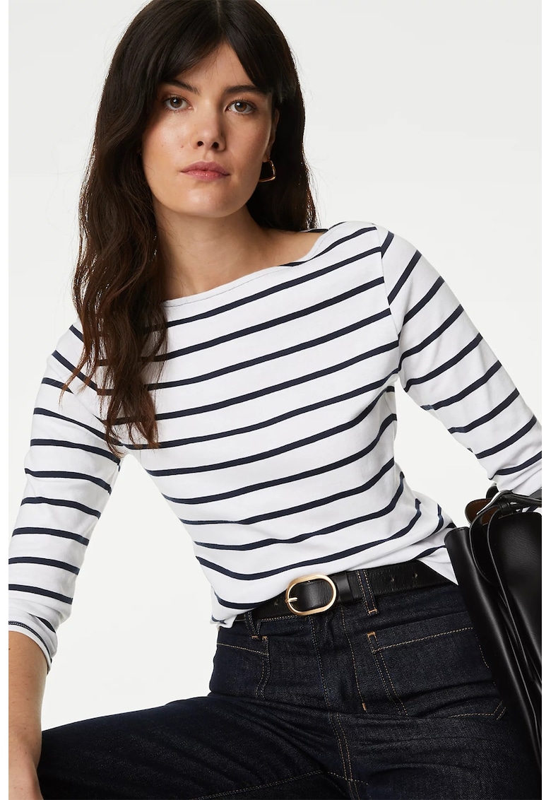 Marks Spencer Bluza slim-fit cu maneci 3/4 - Alb/Negru