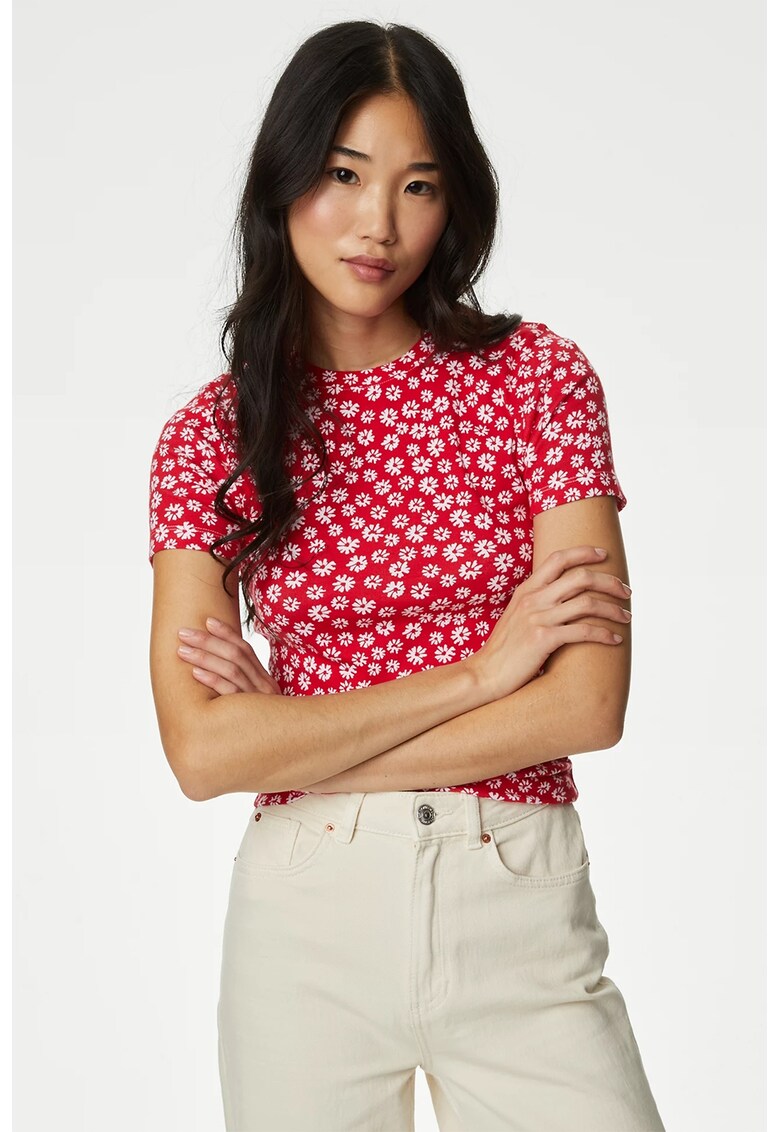 Tricou cu decolteu la baza gatului si model floral