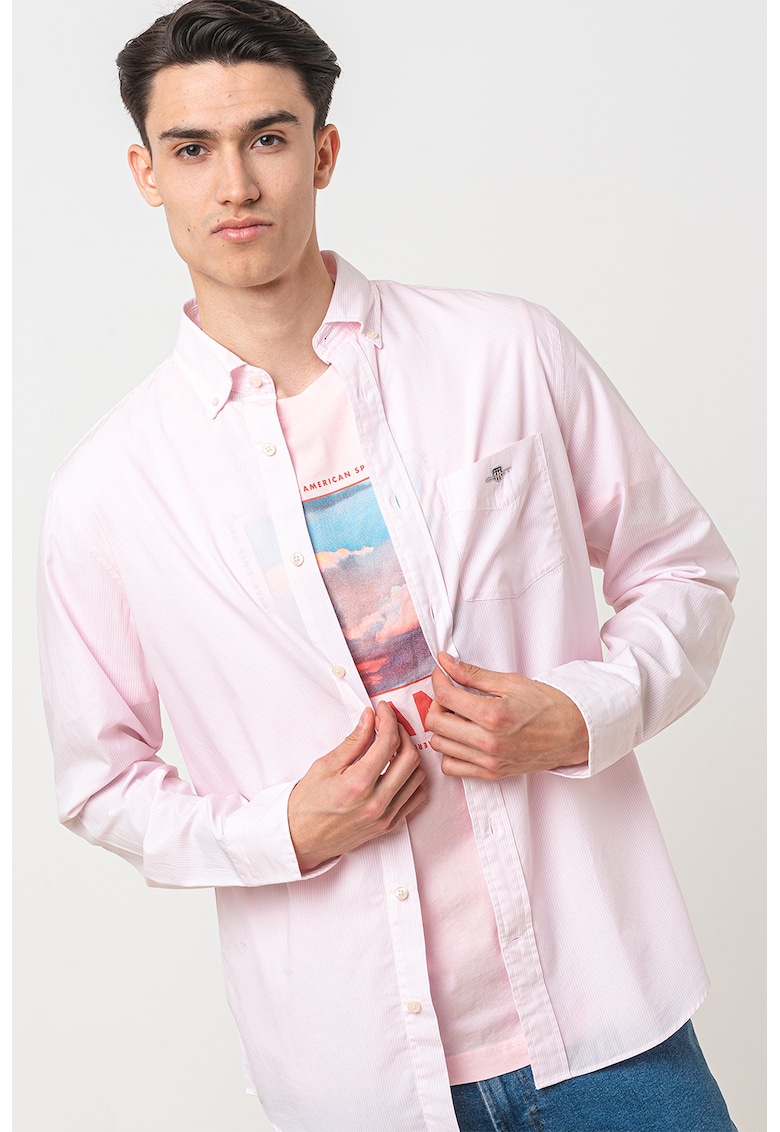 Camasa regular fit cu model in dungi si buzunar pe piept