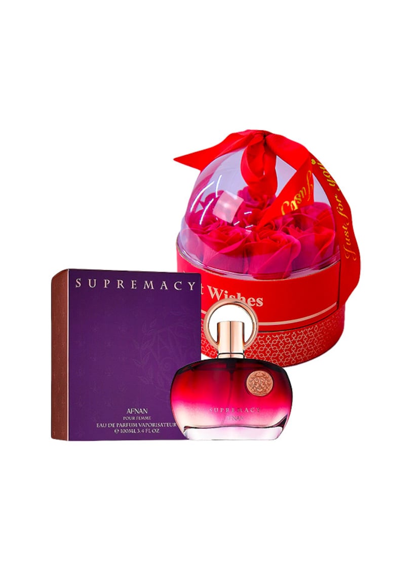 Set cadou Joy Together - Apa de parfum Supremacy Purple 100 ml + cutie cu trandafiri de sapun in cupola si lantic cu pandativ