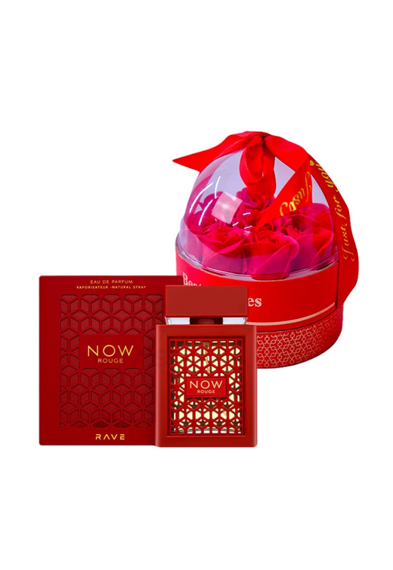 Set cadou Joy Together - Apa de parfum Now Rouge 100 ml + cutie cu trandafiri de sapun in cupola si lantic cu pandativ