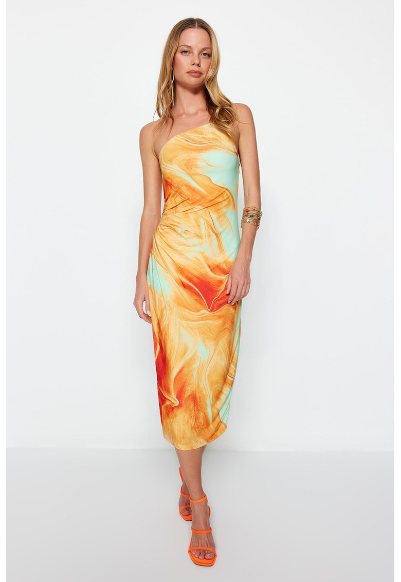 Rochie cu imprimeu tie-dye si decolteu asimetric