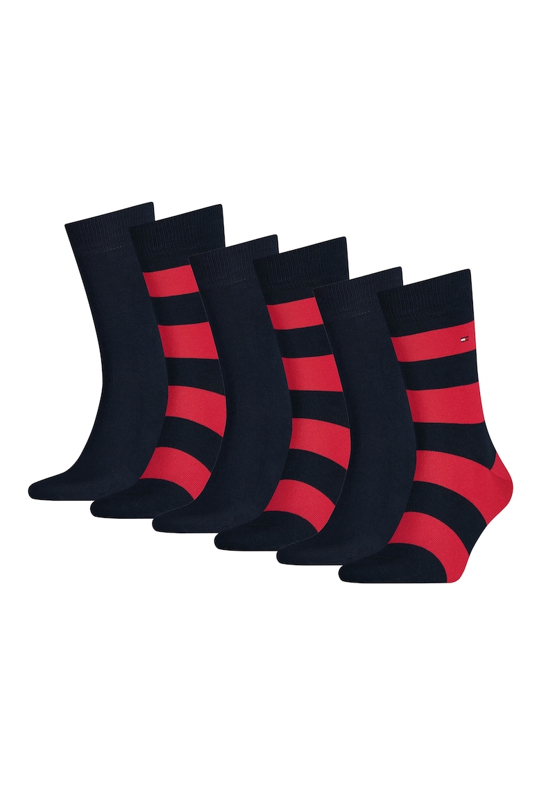 Set de sosete lungi cu dungi - 6 perechi - Rosu/Negru/Bleumarin