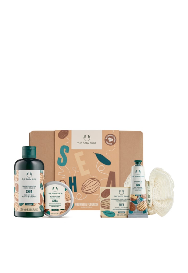 Set Nourish & Flourish Shea - Crema de dus Shea 250ml+Unt de corp Shea 50ml+Balsam de maini Shea 30ml+Sapun de Shea 100g+Mini burete de baie - The Body Shop