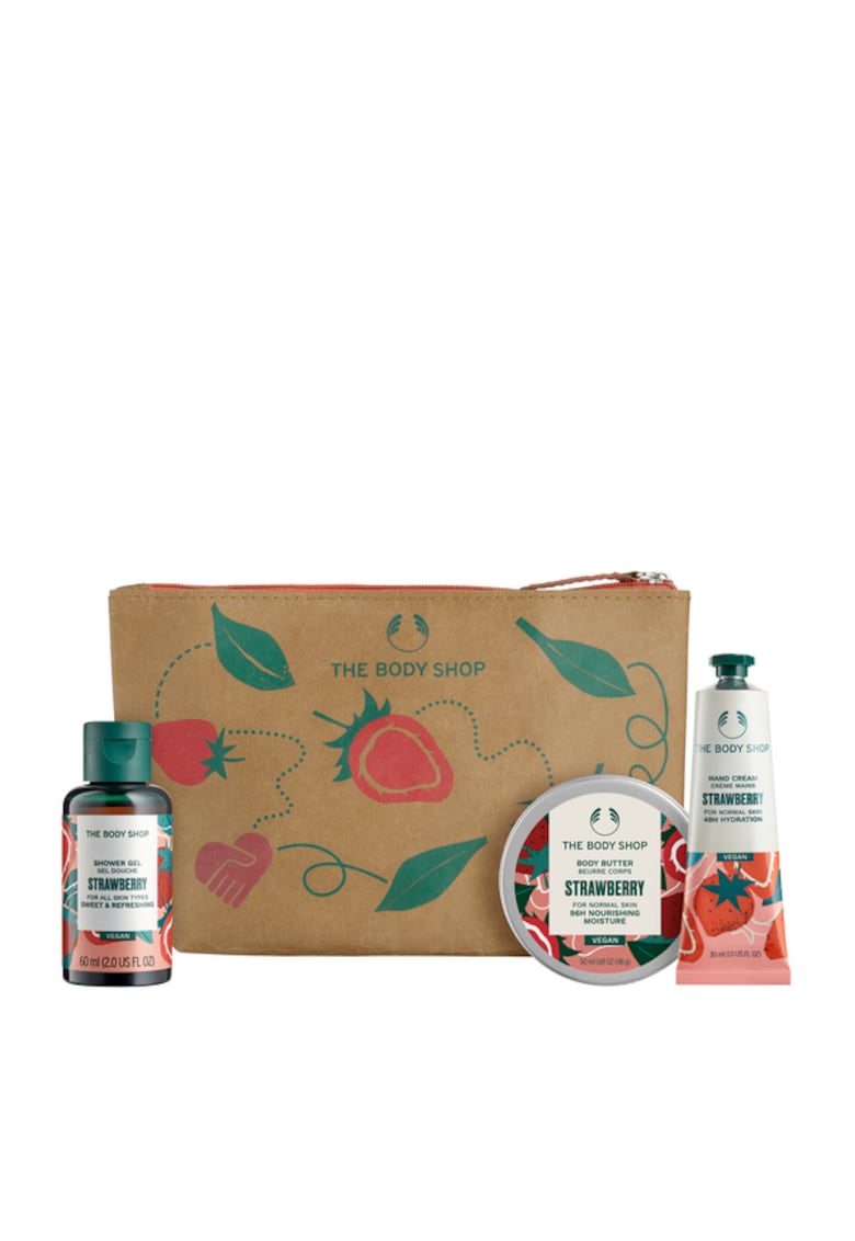 Set Nourish & Flourish Strawberry - Gel de dus cu capsuni 60ml+Unt de corp cu capsuni 50ml+Crema de maini cu capsuni 30ml -