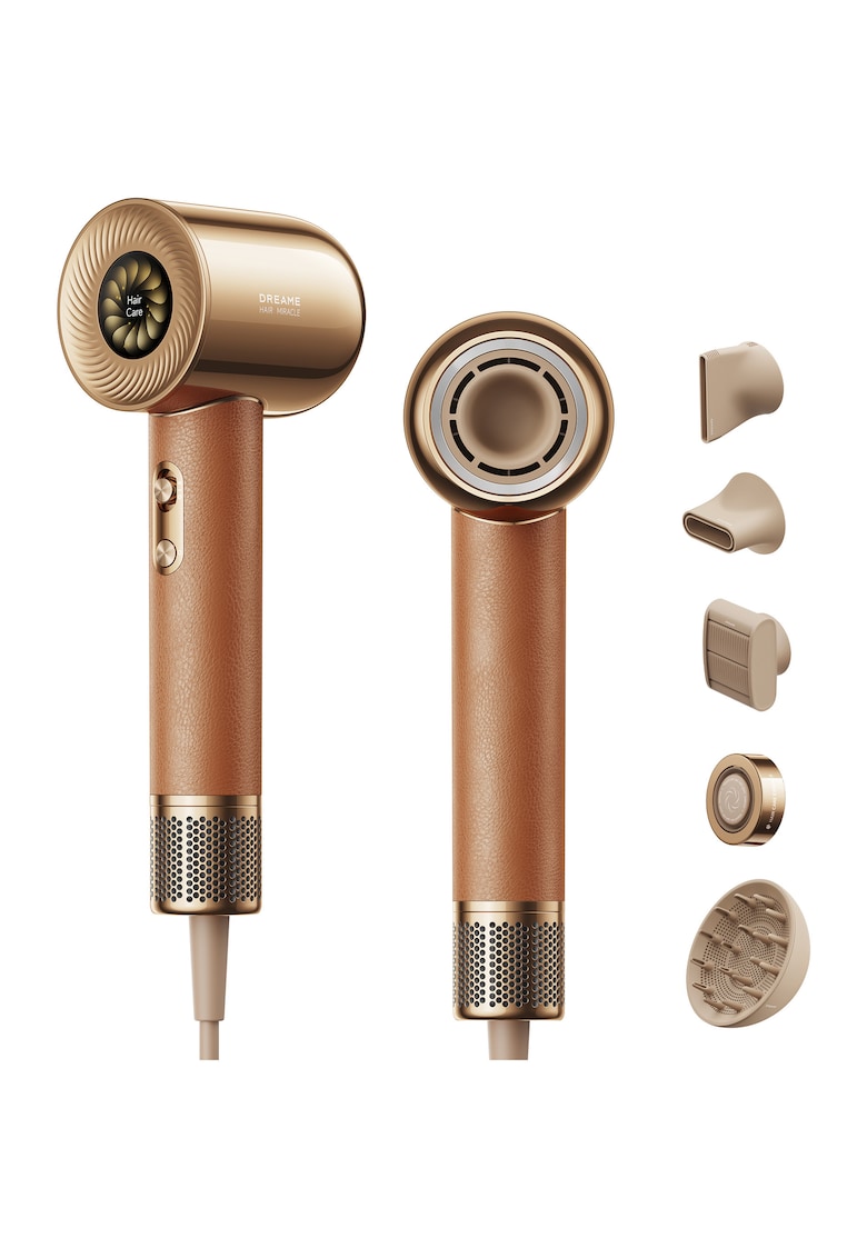 Uscator de par Miracle - 1600W - viteza aer max.70m/s - 2 trepte flux aer - 4 setari temperatura - 5 accesorii incluse - maro/auriu