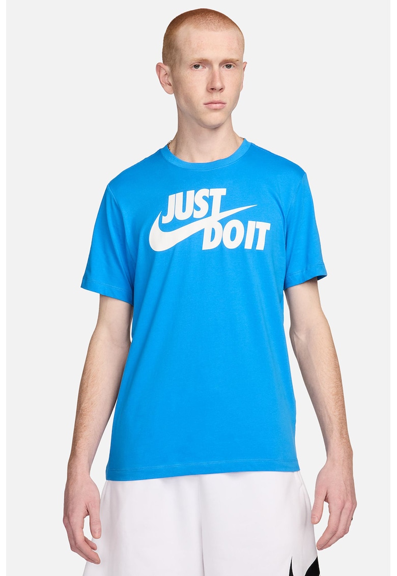 Tricou de bumbac cu imprimeu logo si text Swoosh - Alb murdar/Albastru deschis