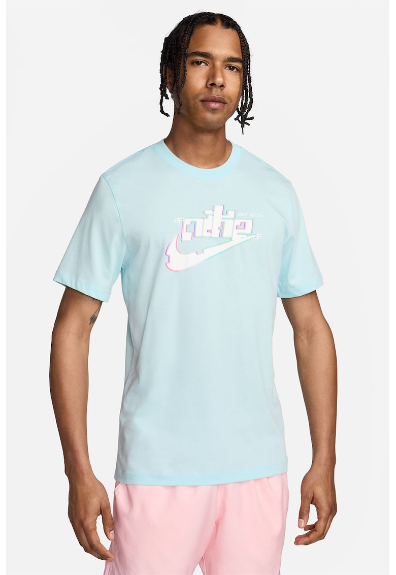 Tricou cu decolteu la baza gatului si logo - Albastru glaciar/Alb murdar