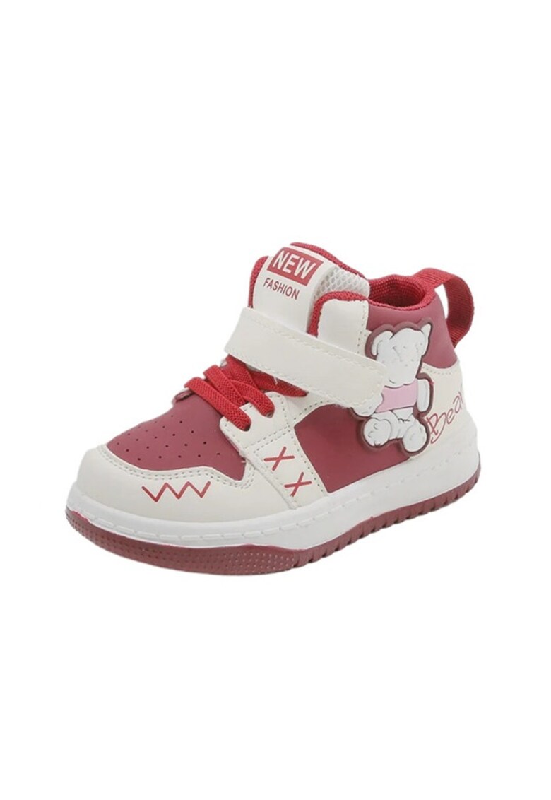 Pantofi Sport Model Bear - Piele ecologica - Siret - Velcro - Alb/Visiniu