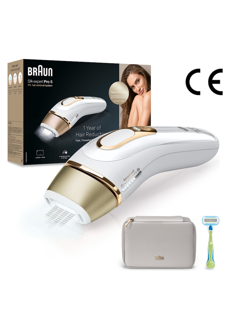 Epilator IPL Silk-expert PRO 5 PL5052 Senzor automat & continuu Skin pro 2.0 - 400.000 impulsuri - 10 niveluri de intensitate - 125 de impulsuri pe minut - Trusa de voiaj - Aparat de ras Venus - Alb/Auriu