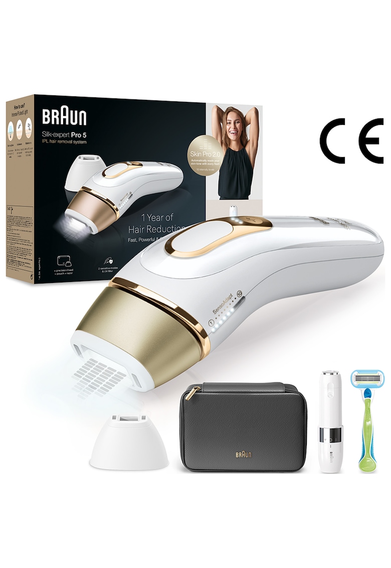 Epilator IPL Silk-expert PRO 5 PL5146 Senzor automat & continuu Skin pro 2.0 - 400.000 impulsuri - 10 niveluri de intensitate - 125 de impulsuri pe minut - Cap de precizie - Trusa de voiaj - Aparat de ras Venus - Alb