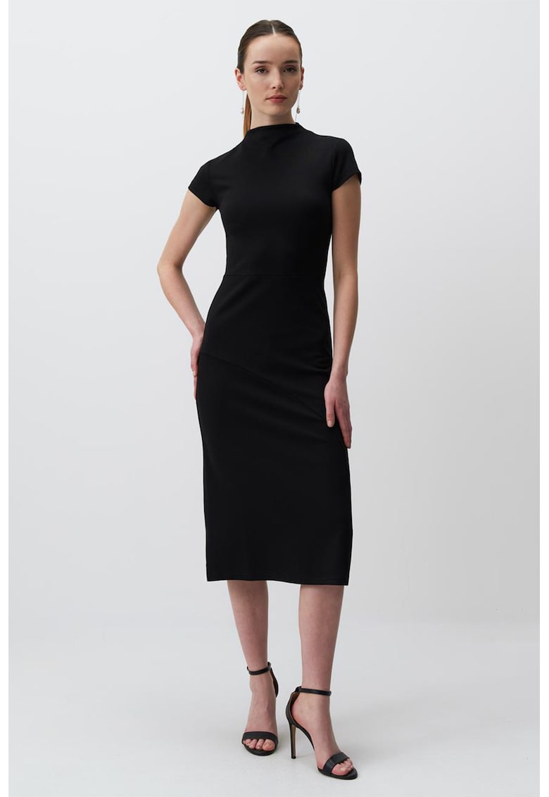Rochie midi cu maneci scurte si slit pe spate - Negru