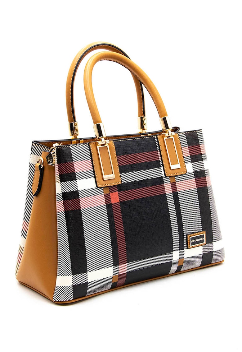 Geanta de piele ecologica cu manere - Alb/Caramel/Bleumarin