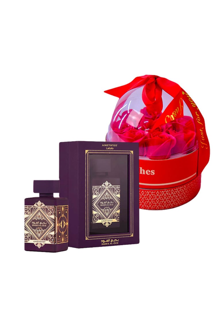 Set cadou Joy Together - Apa de parfum Bade'e Al Oud Amethyst 100 ml + cutie cu trandafiri de sapun in cupola si lantic cu pandativ