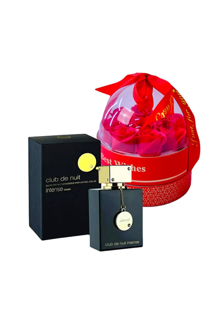 Set cadou Joy Together - Apa de parfum Lattafa Club De Nuit Intense 100 ml + cutie cu trandafiri de sapun in cupola si lantic cu pandativ