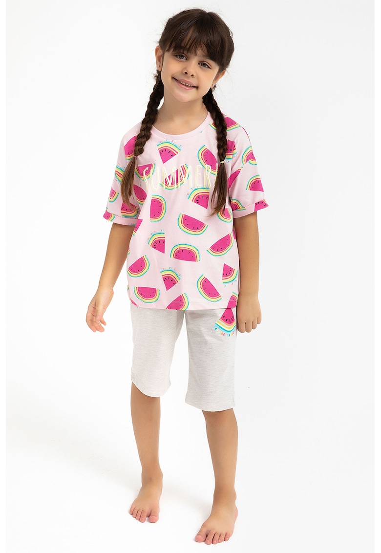 Set de tricou de bumbac cu imprimeu si colanti scurti