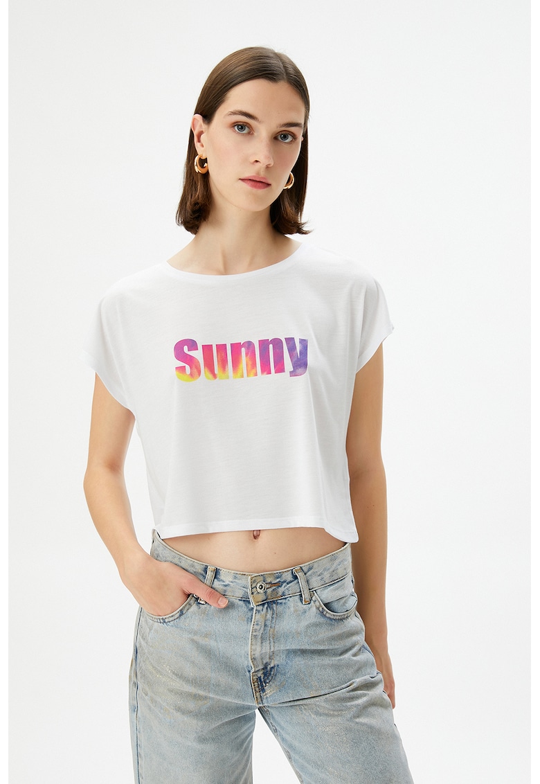 Tricou crop cu imprimeu text - Alb/Roz