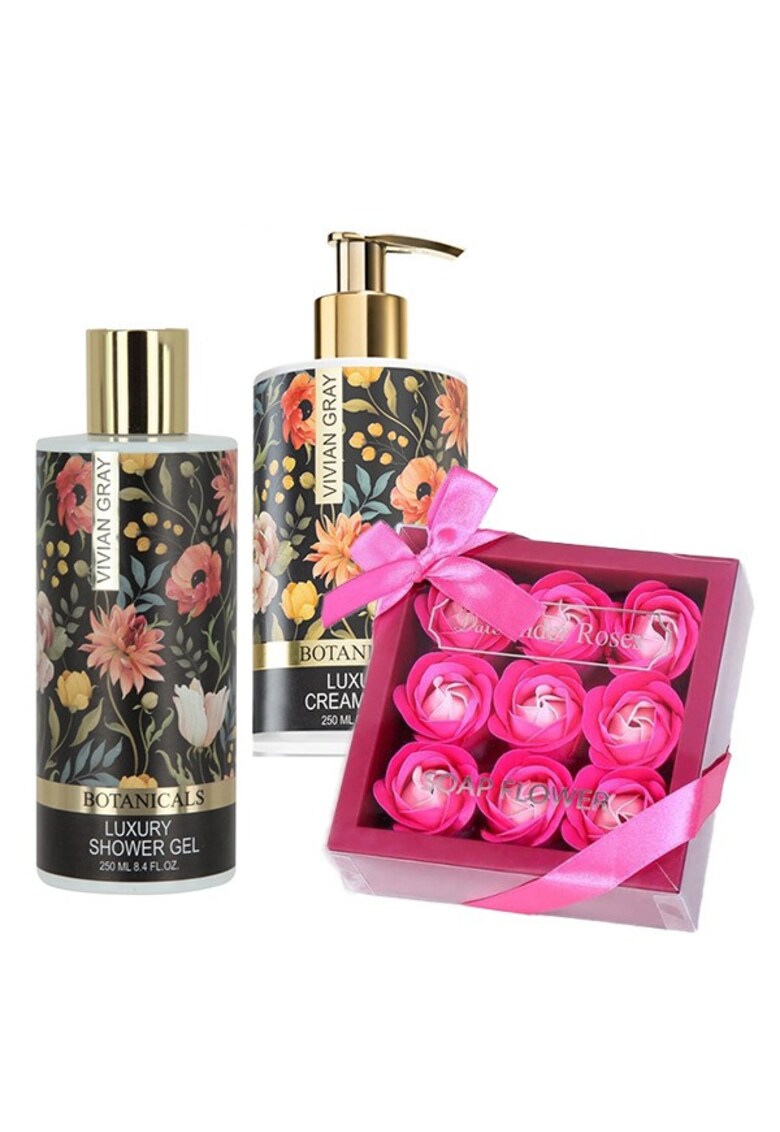 Set cadou Sweetheart's - Sapun Lichid Botanicals 250 ml - Gel de dus Vivian Gray Botanicals - 250 ml - Cutie cu trandafiri sapun