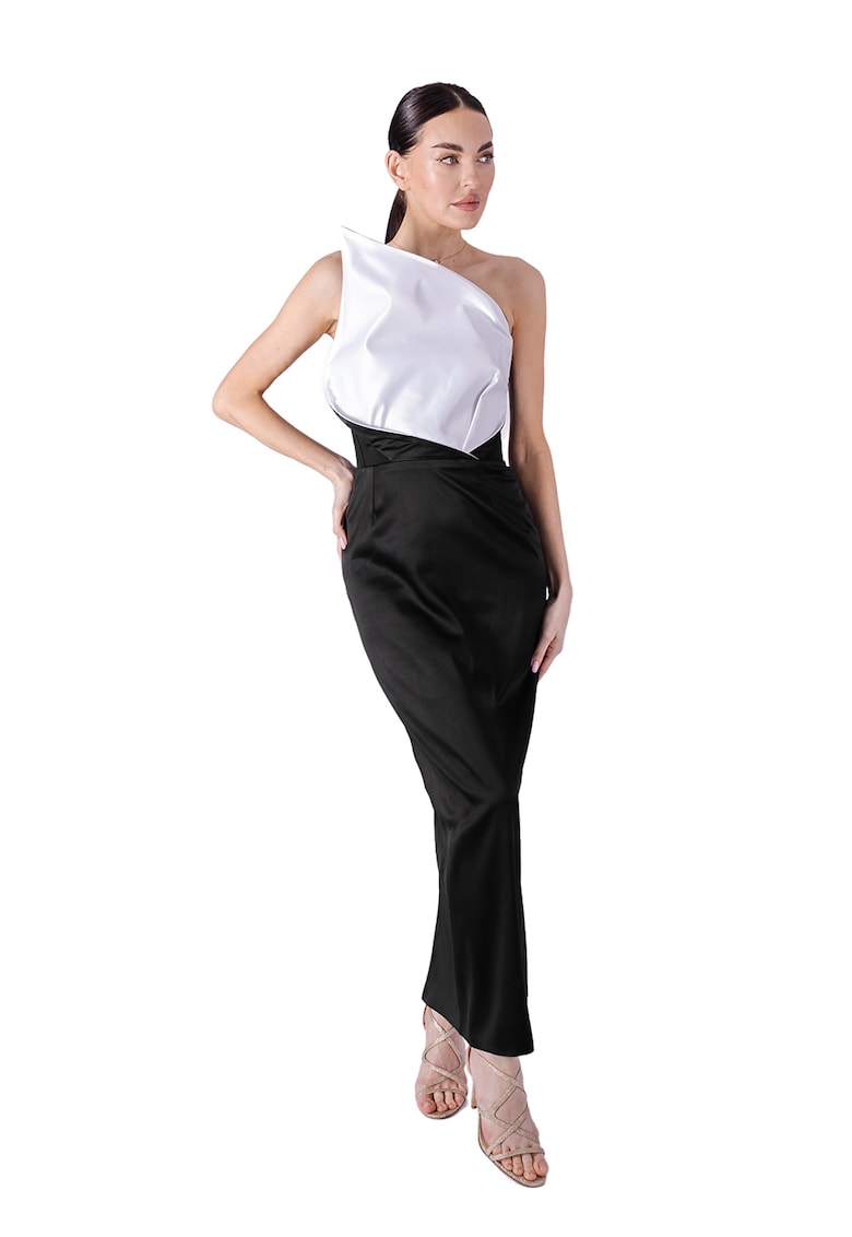 Rochie de satin cu decolteu pe un umar - Alb/Negru
