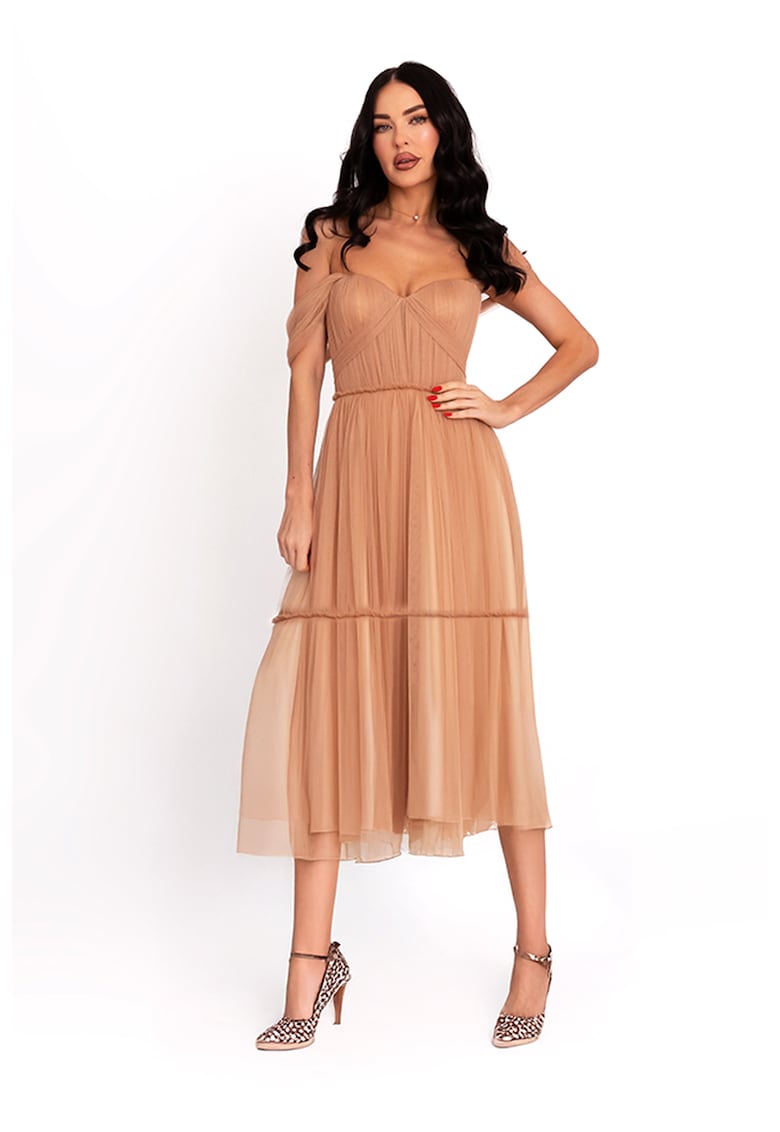 Rochie cu strat exterior cu tul - Maro nisip